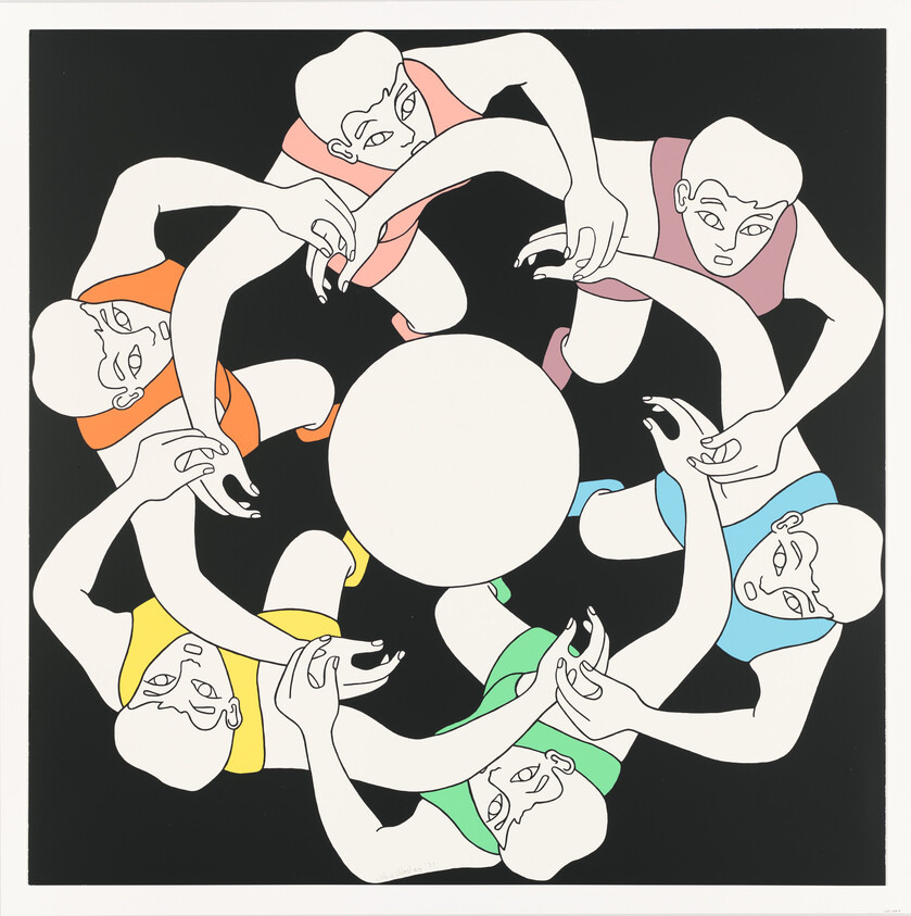 Illustration of eight stylized figures with pale skin, arranged in a circle around a central white circle, against a black background. Each figure is wearing a two-tone leotard in different colors and is depicted without hair, with simplified facial features. They are reaching towards the center with one hand, creating a sense of connection and unity.