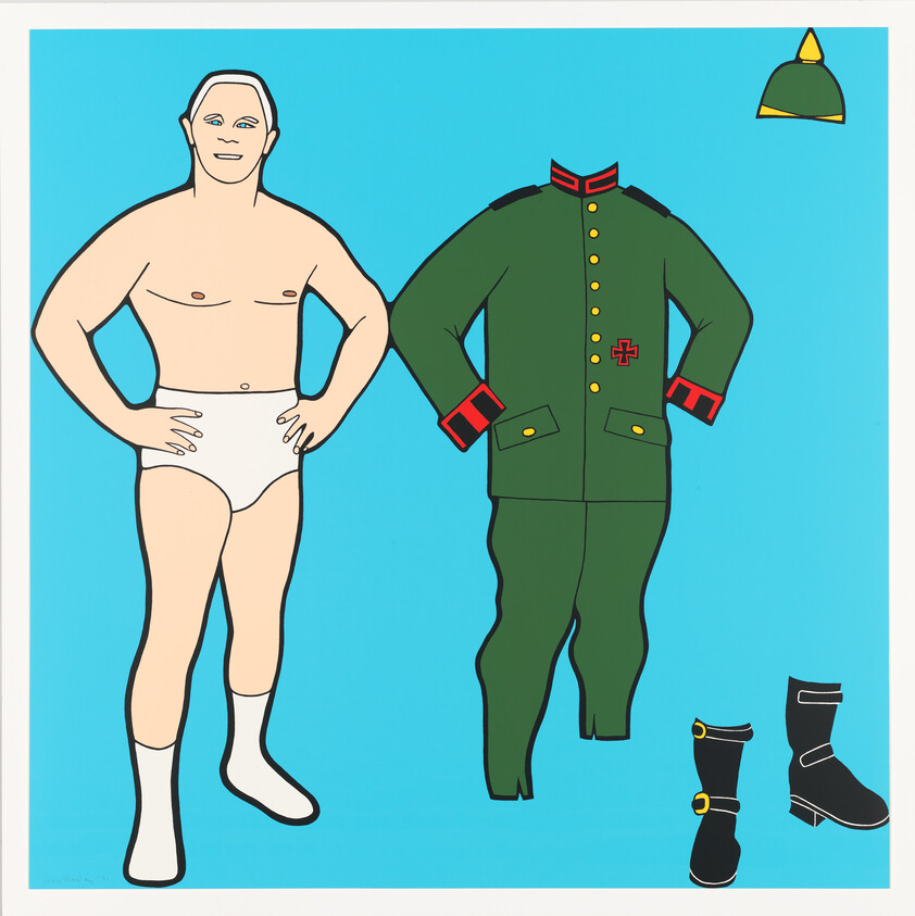 Illustration of a smiling man in white underwear and socks standing next to a green military uniform with red and gold accents, a belt, and a medical cross. A pair of black boots and a green military cap with a gold emblem are also depicted to the right. The background is a solid light blue color.