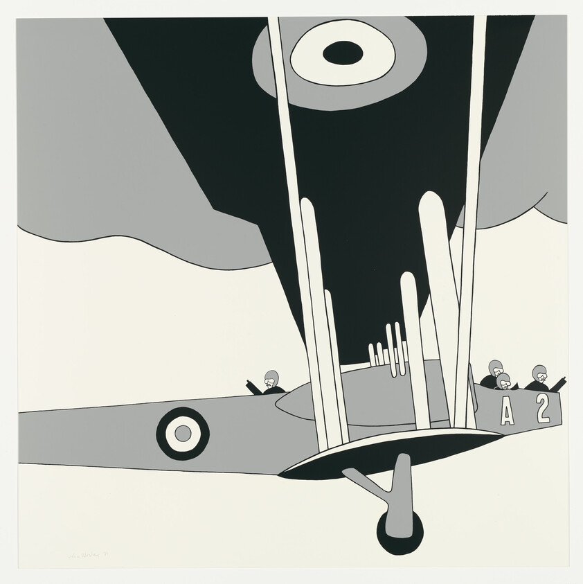 A stylized black and white illustration of a biplane with two pilots, viewed from below. The aircraft has a circular insignia on the fuselage and the letter "A" followed by the number "2" on the side. The propeller is in motion, and the background suggests a cloudy sky.