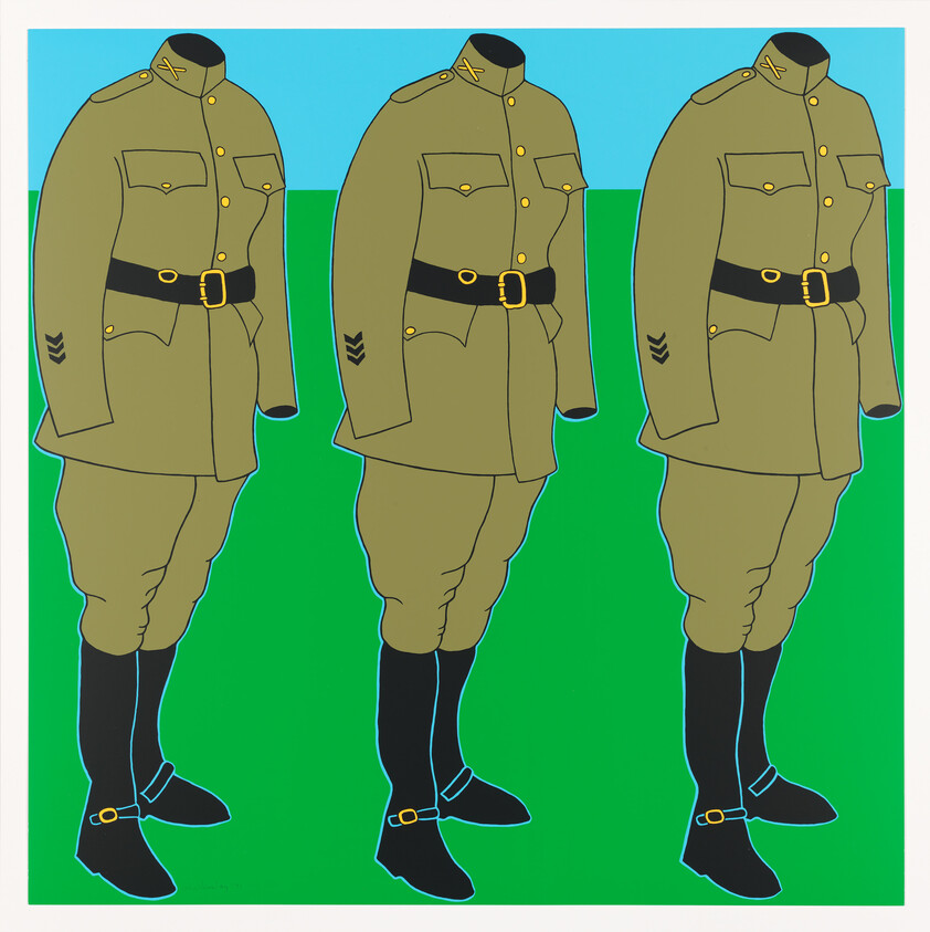 Three identical illustrations of a military uniform from the waist down, depicted against a green and blue background. The uniform consists of an olive green jacket with sergeant stripes on the sleeves, a black belt with a gold buckle, olive green trousers, black boots with spurs, and black puttees wrapped around the lower legs. The style is flat and graphic with no facial features or background details.