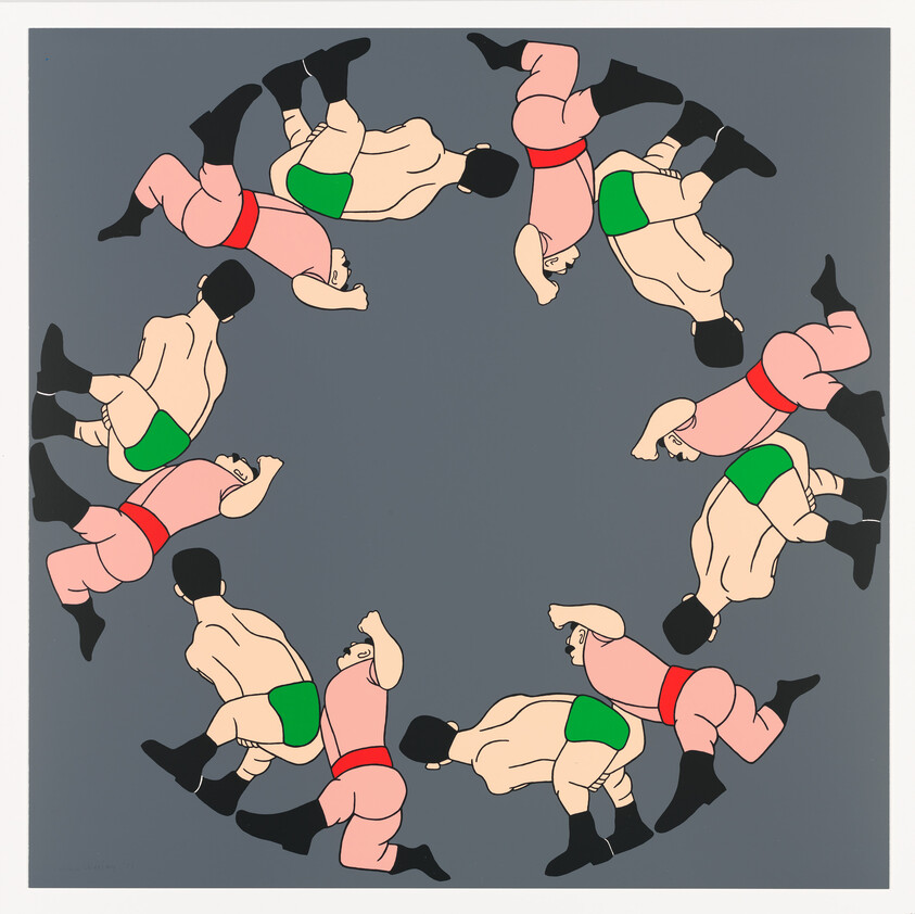 A patterned illustration of sumo wrestlers in a circular formation against a gray background. The wrestlers are depicted in various poses, with some wearing green mawashi (sumo belts) and others in red, creating a symmetrical design.