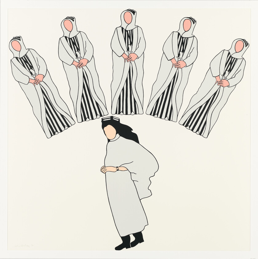 Illustration of a central figure in a white robe with black stripes at the bottom, surrounded by five identical figures in similar robes with their heads bowed down, all against a pale background.