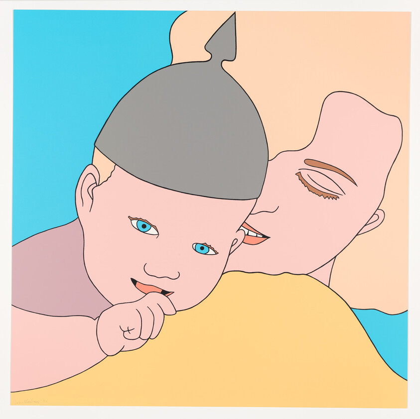 A stylized illustration of a baby with blue eyes wearing a gray hat and an adult with closed eyes, seemingly whispering into the baby's ear. The background is divided into sections of blue and peach colors, and the figures are outlined with bold black lines. The baby appears to be sucking on its finger.