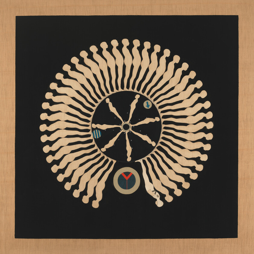 Large circular pattern of beige human-like shapes radiating from a central black disc with symbols.