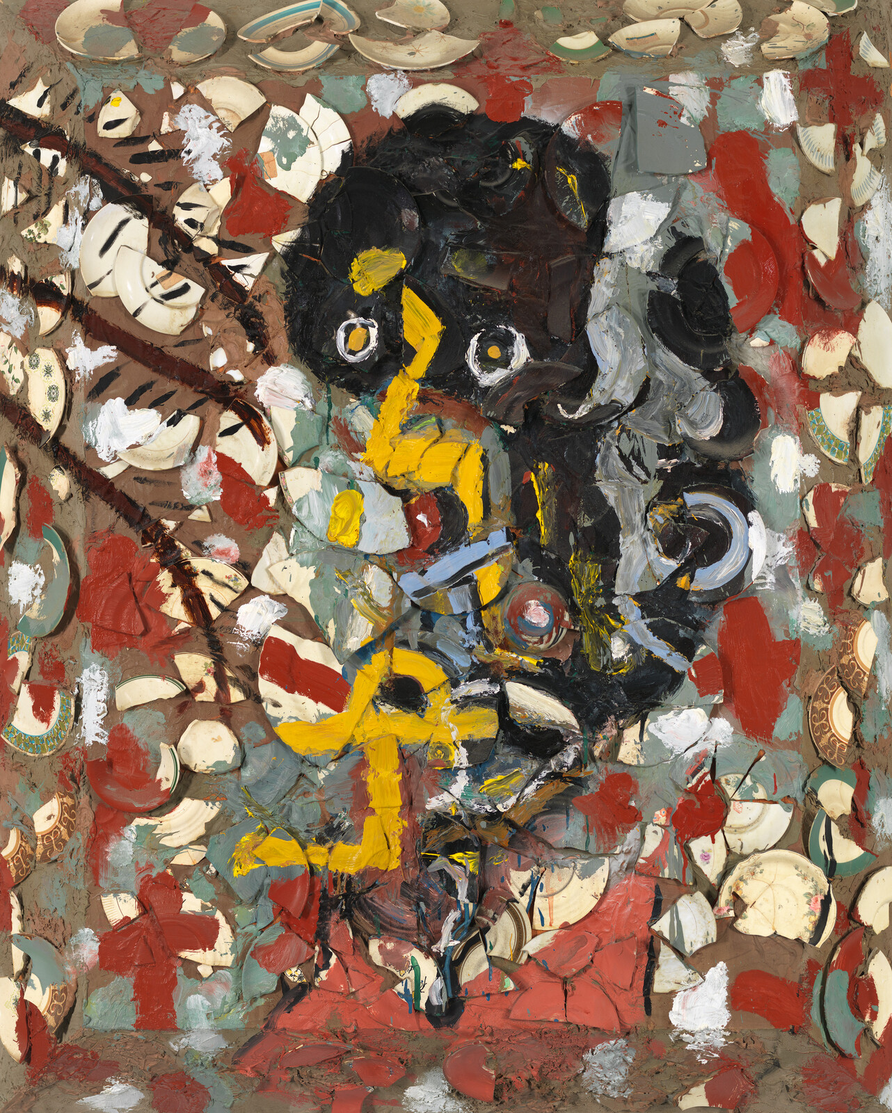 Abstract collage with broken ceramic pieces and thick paint centered around dark forms and yellow brushstrokes.
