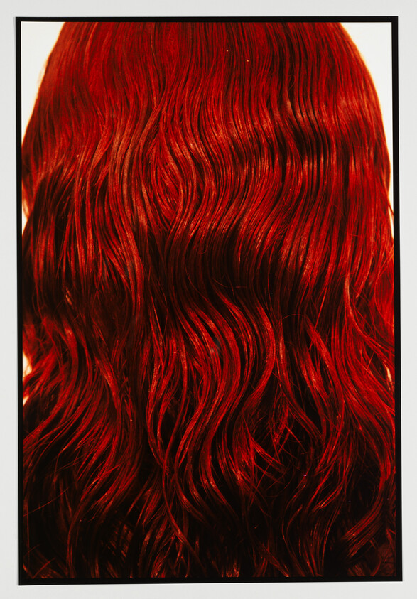 Long shiny red wavy hair cascading down the back of a person's head.
