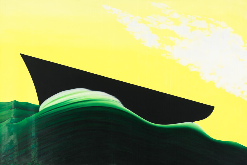 A black boat silhouette rides green, rolling waves beneath a bright yellow sky.