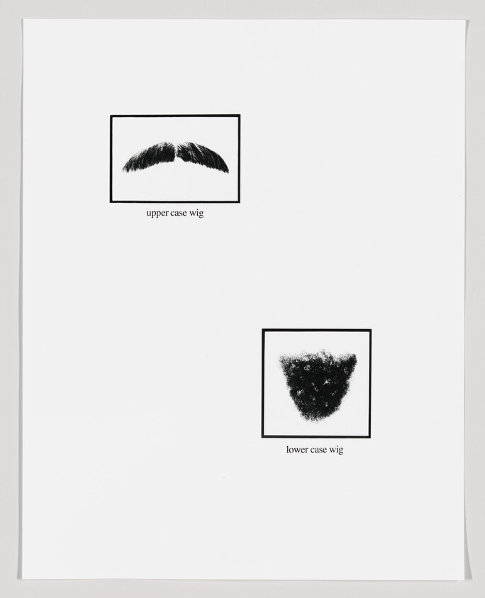 Two framed wig samples labeled "upper case wig" (mustache) and "lower case wig" (beard).