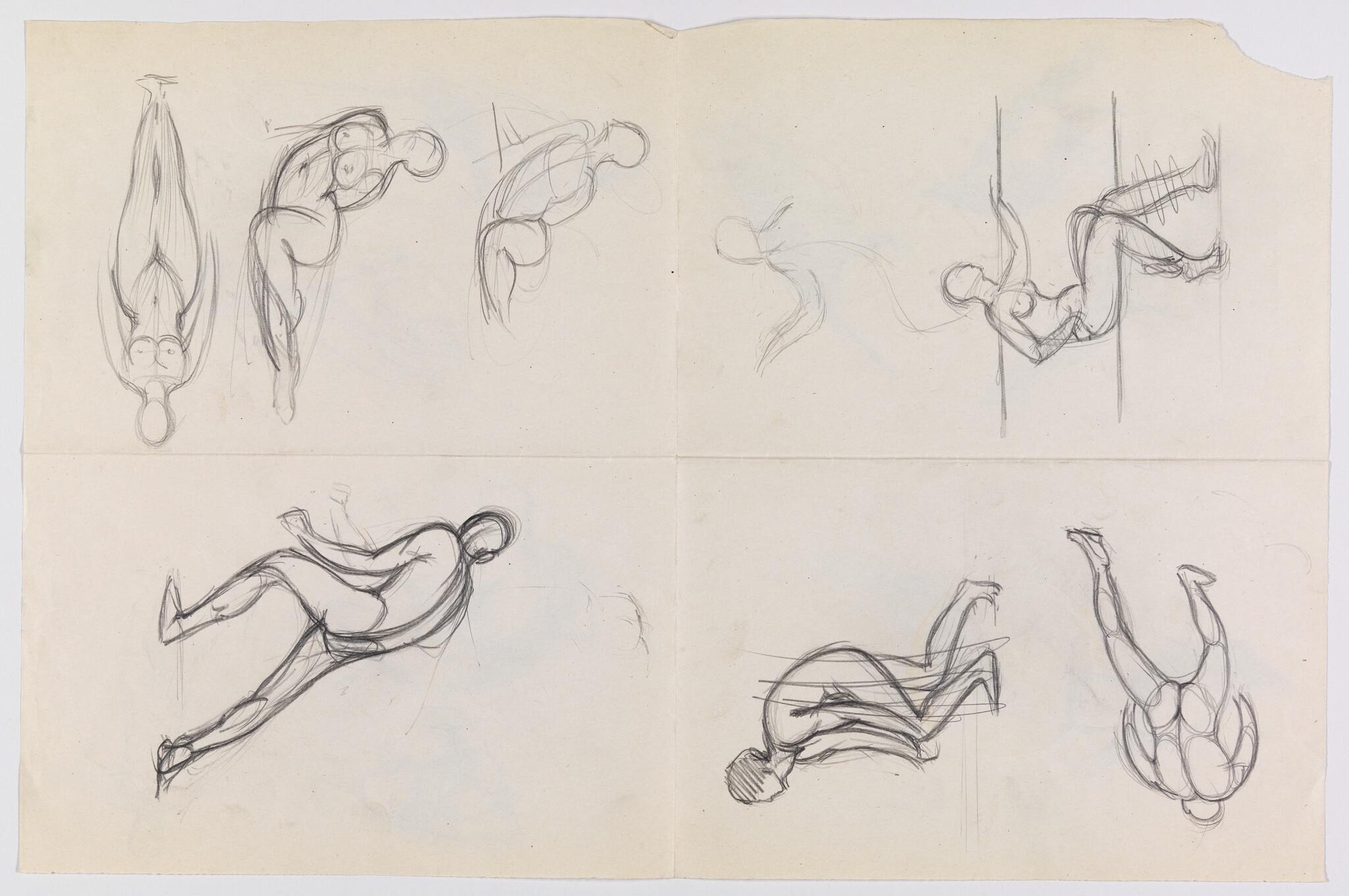 Multiple quick pencil sketches show human figures in varied reclining and inverted poses on folded paper.