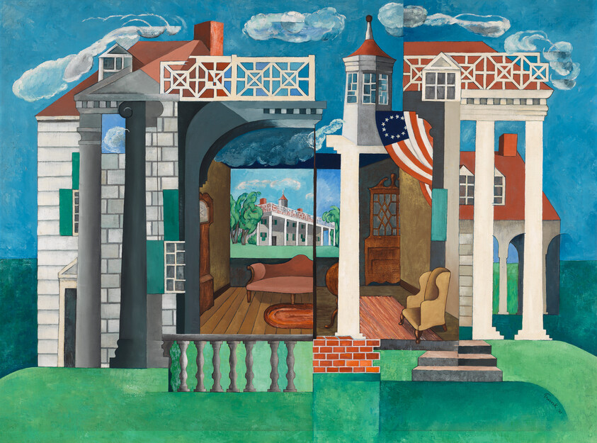 A stylized split colonial house showing interior rooms, furniture, and an American flag.