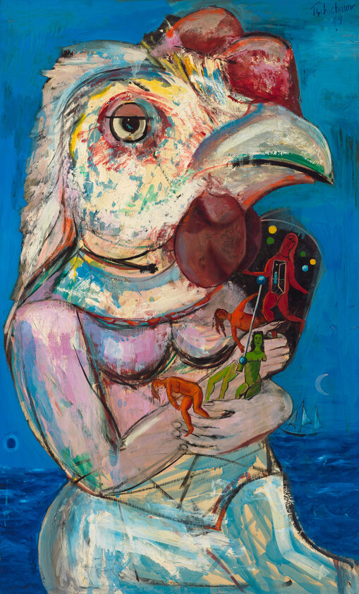 A human-bodied figure with a large chicken head holds a board showing small colorful human figures.