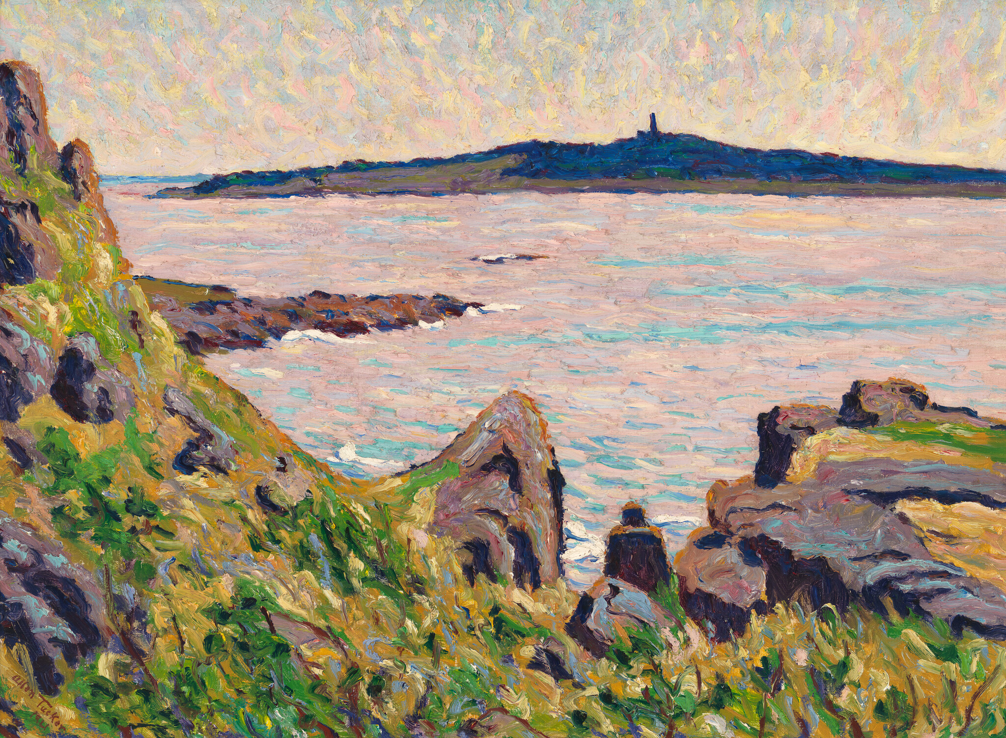 Brightly painted rocky coastline with grassy cliffs overlooking calm pink-blue sea and distant island.