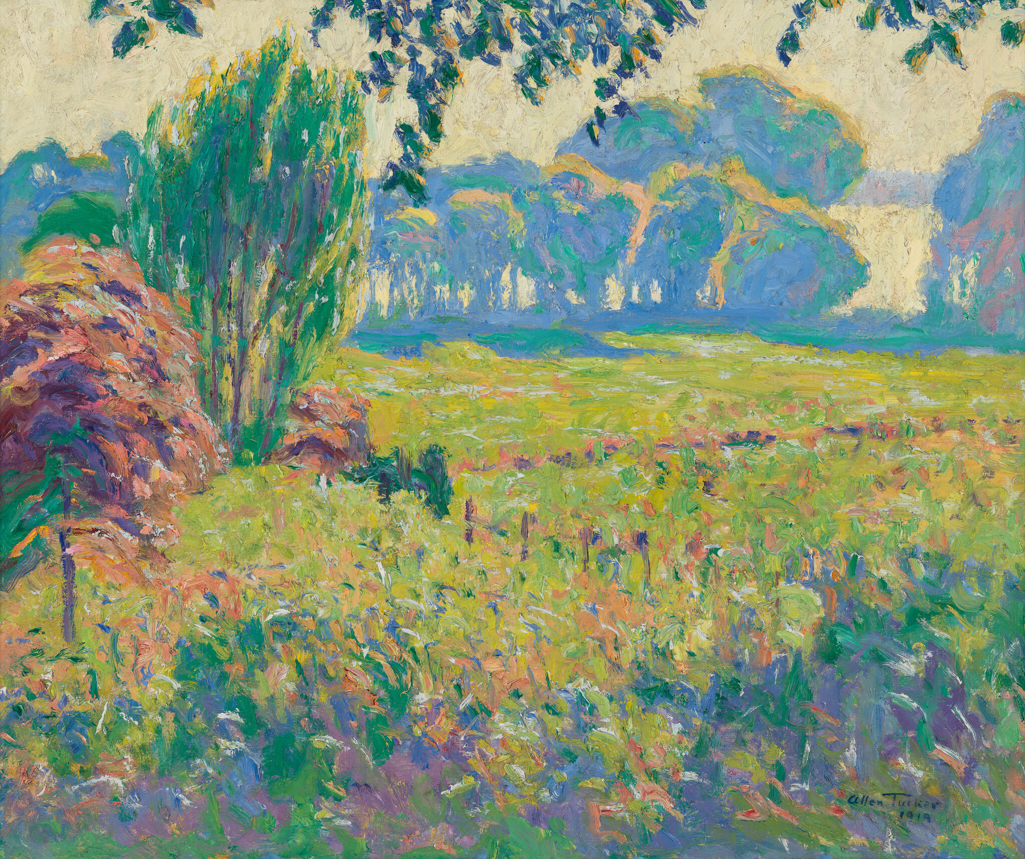 A bright impressionist meadow with wildflowers in the foreground and trees along the horizon.