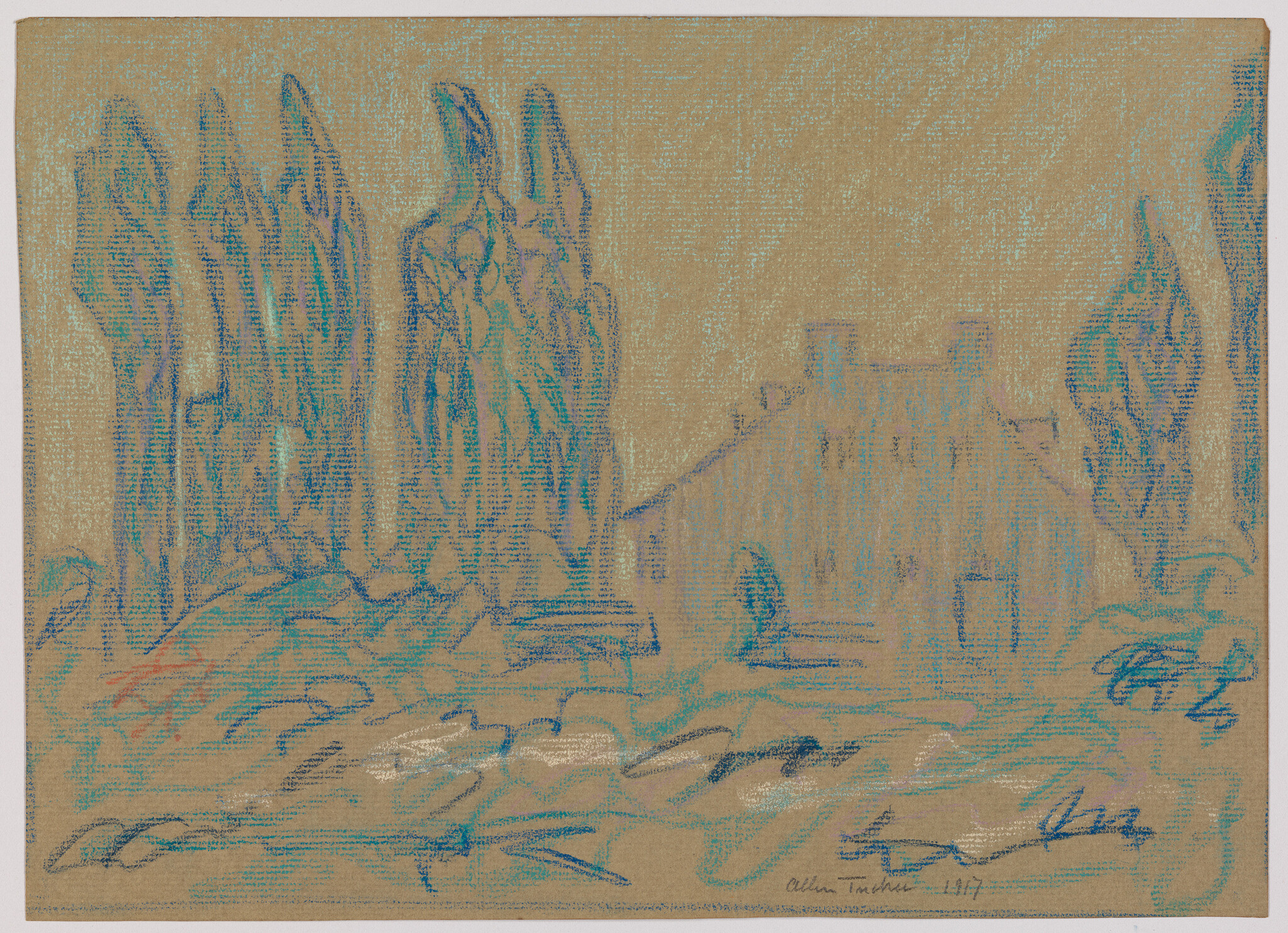 Tall poplar trees stand beside a simple house near a winding path and low stone wall.