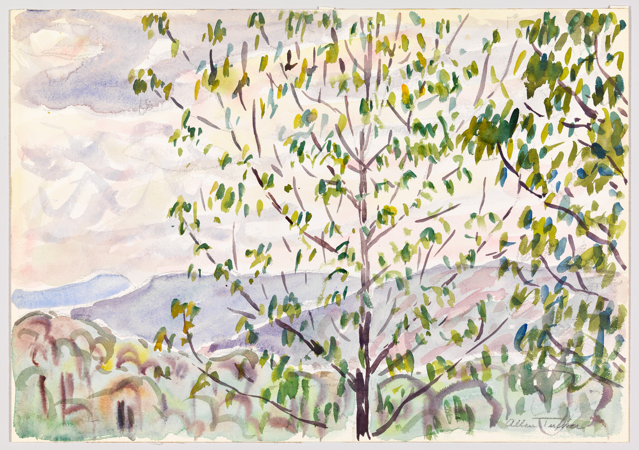 A watercolor painting showing a small leafy tree in front of rolling hills and cloudy sky.