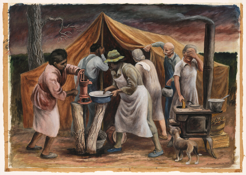 People gather outside a tent pumping water, washing dishes, and cooking over a small stove.
