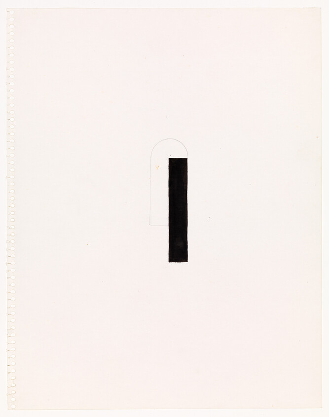 Blank sheet with a small vertical black rectangle centered above middle next to a faint arched outline.
