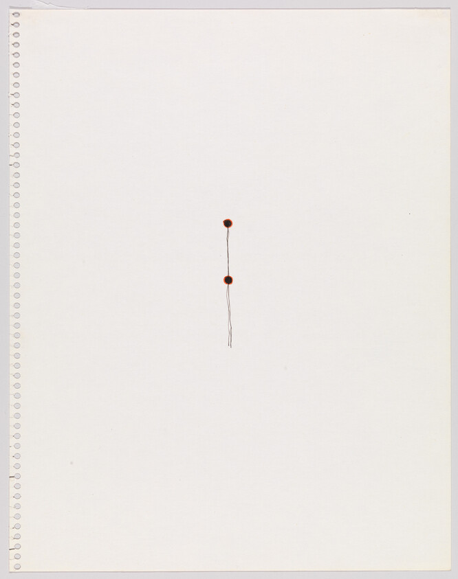 A blank spiral notebook page with two small red dots connected by a thin vertical line near center.