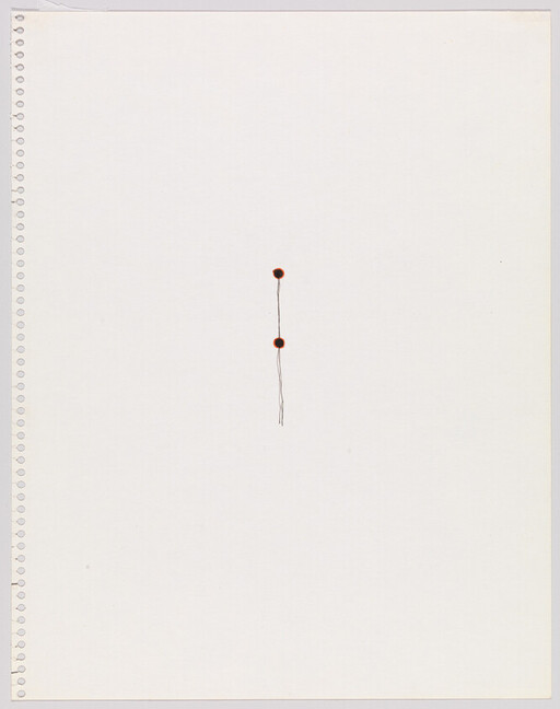 A blank spiral notebook page with two small red dots connected by a thin vertical line near center.