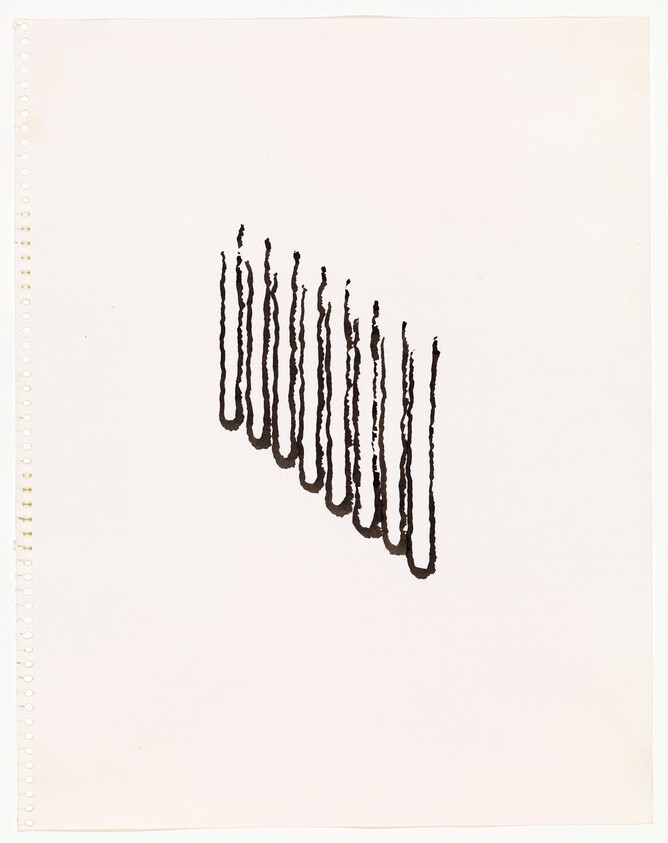 Eleven uneven black ink drips form diagonal parallel lines on a white perforated paper.