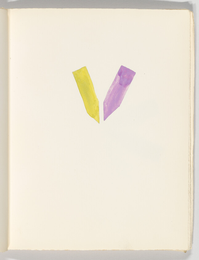 Two small watercolor shapes, one yellow and one purple, form a V near the top of a blank page.