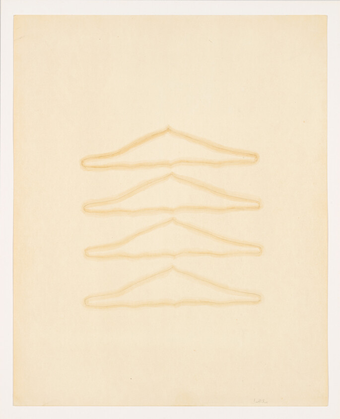 Four faint coat hanger outlines stacked vertically on a cream background.