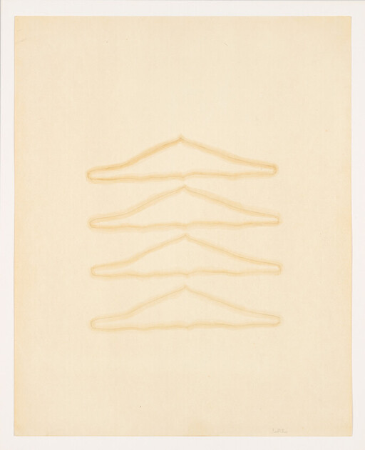 Four faint coat hanger outlines stacked vertically on a cream background.