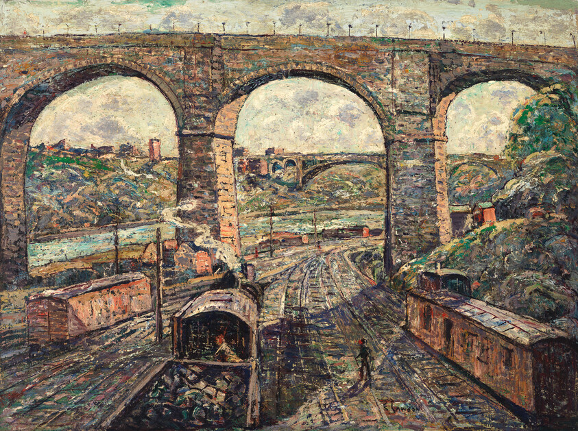 Stone railway viaduct towers over train tracks as a steam locomotive moves under an arch.