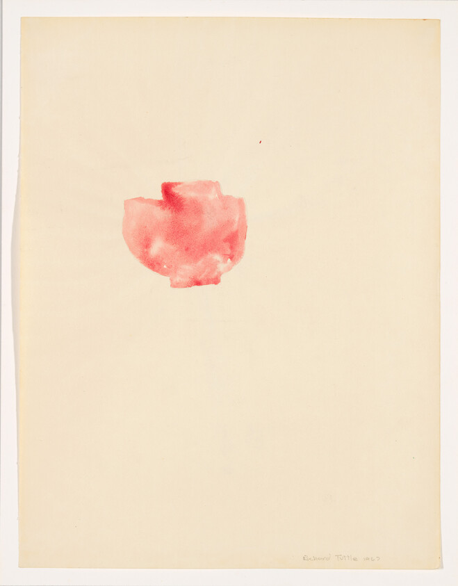 A small irregular red watercolor wash near the top center of a blank cream sheet.