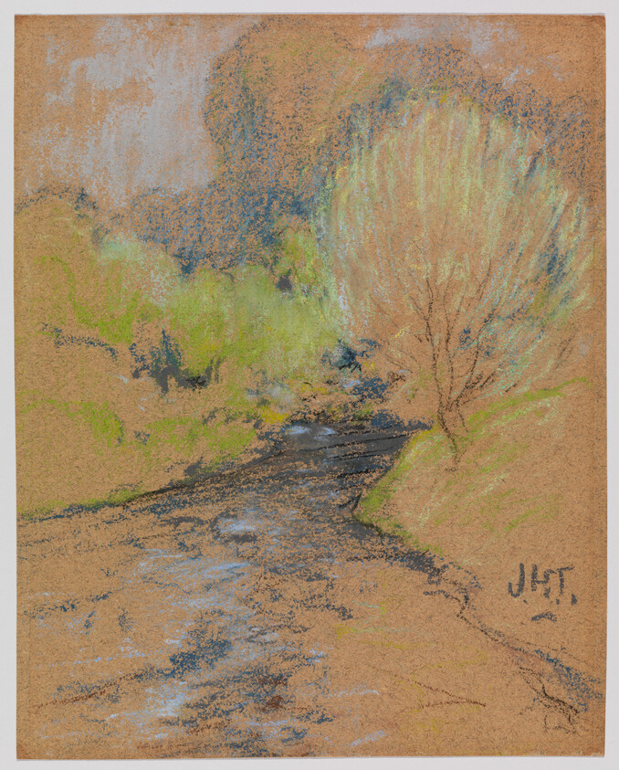 A soft pastel landscape showing a calm stream winding past trees and grassy banks.