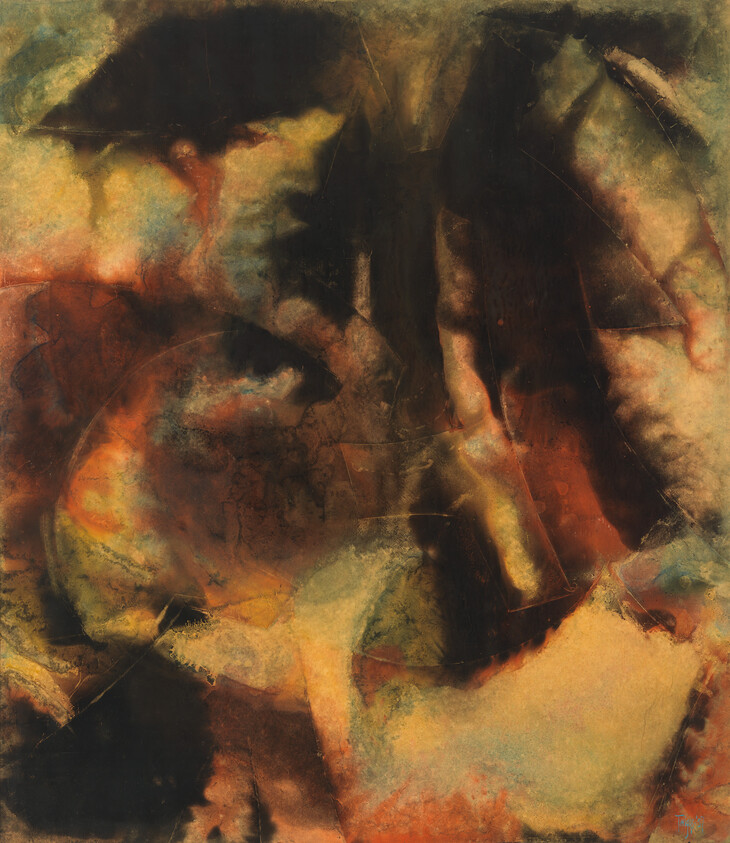Abstract painting showing swirling dark and warm-toned forms resembling clouds and shadows.