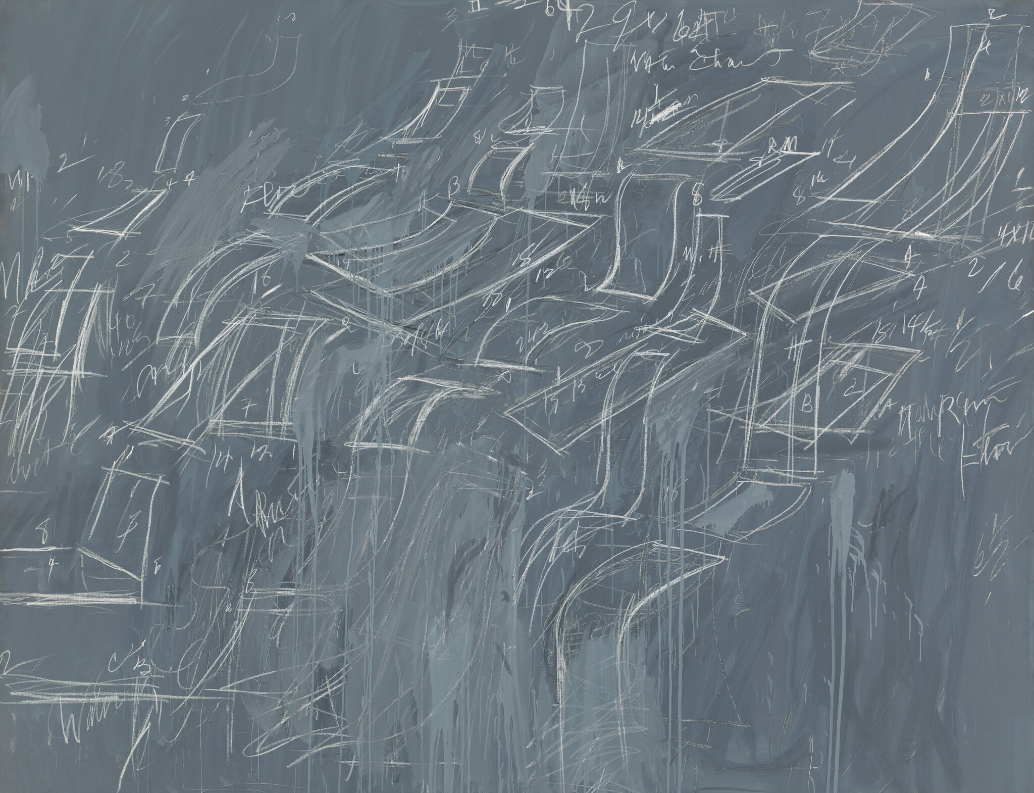 Rows of sketched chairs and scribbles on a blue-gray background with dripping paint.
