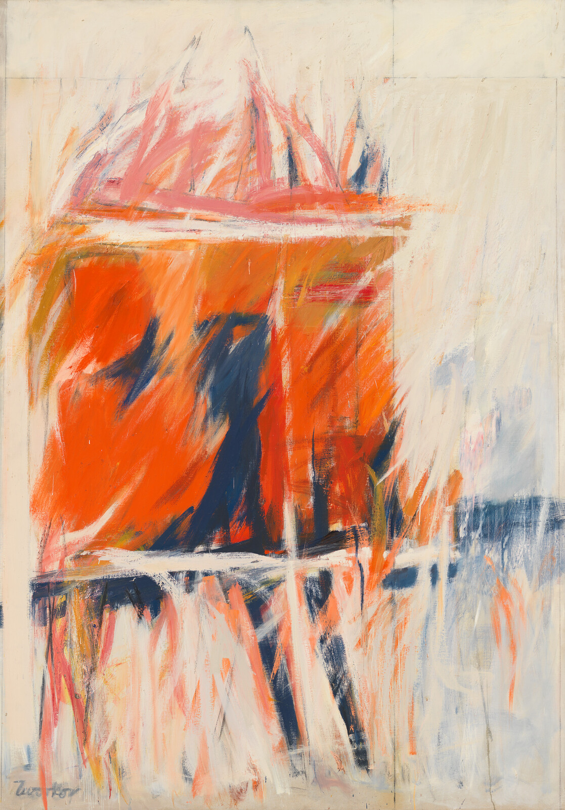 Bold orange and navy abstract brushstrokes creating energetic, flame-like shapes across a pale background.