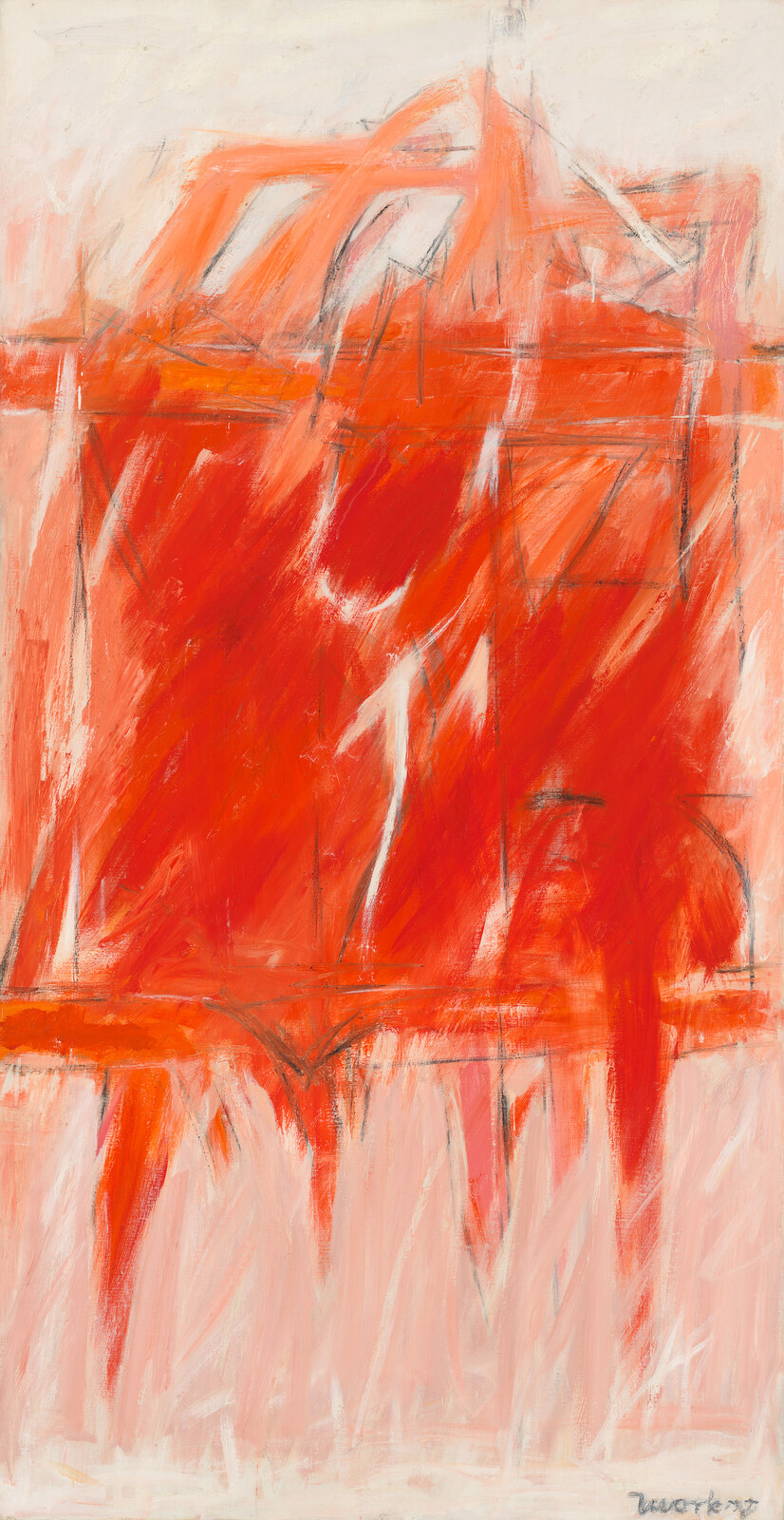 Bold red-orange abstract painting with rough vertical brushstrokes and pale background.