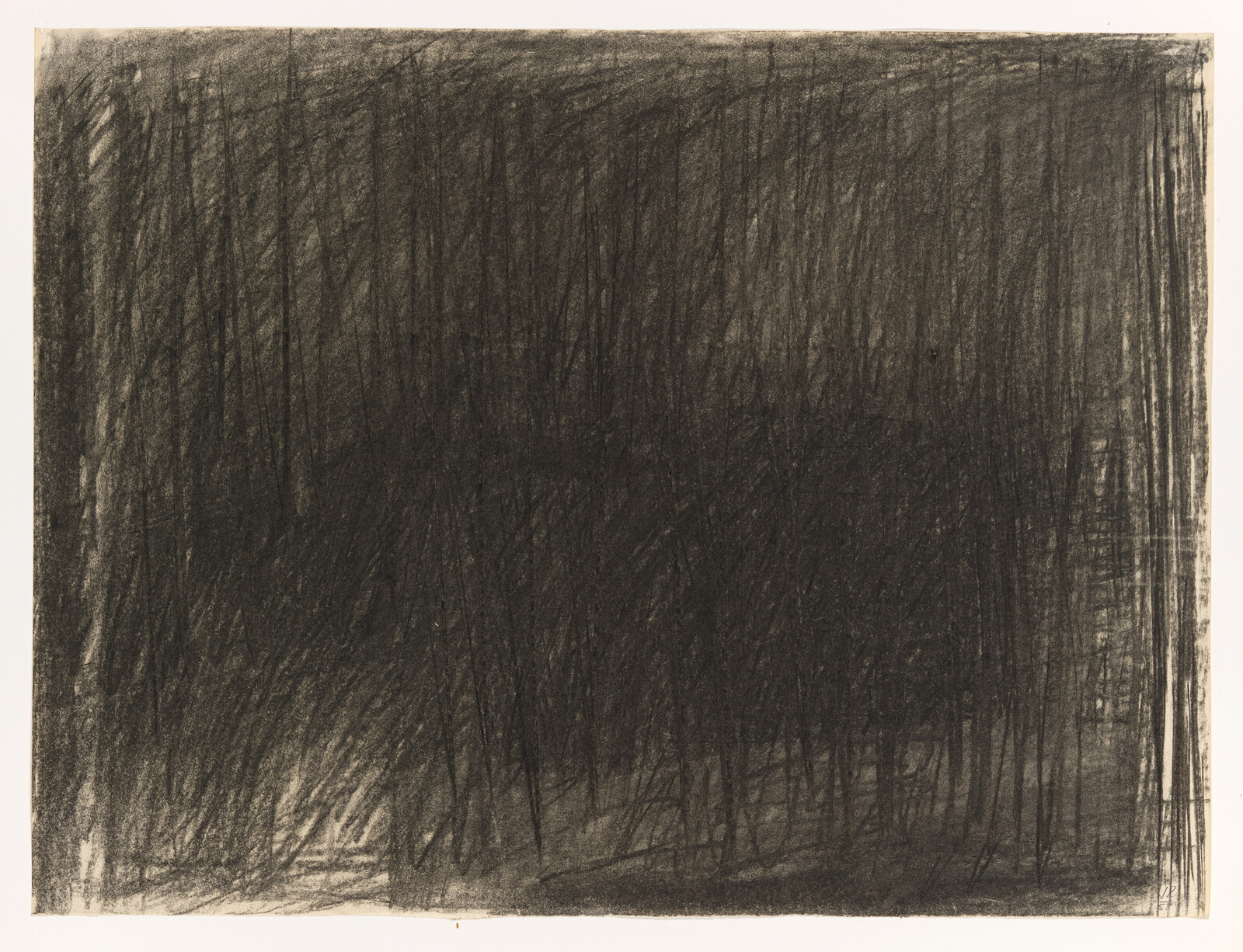 Dense charcoal scribbles cover the paper with overlapping vertical and diagonal strokes.