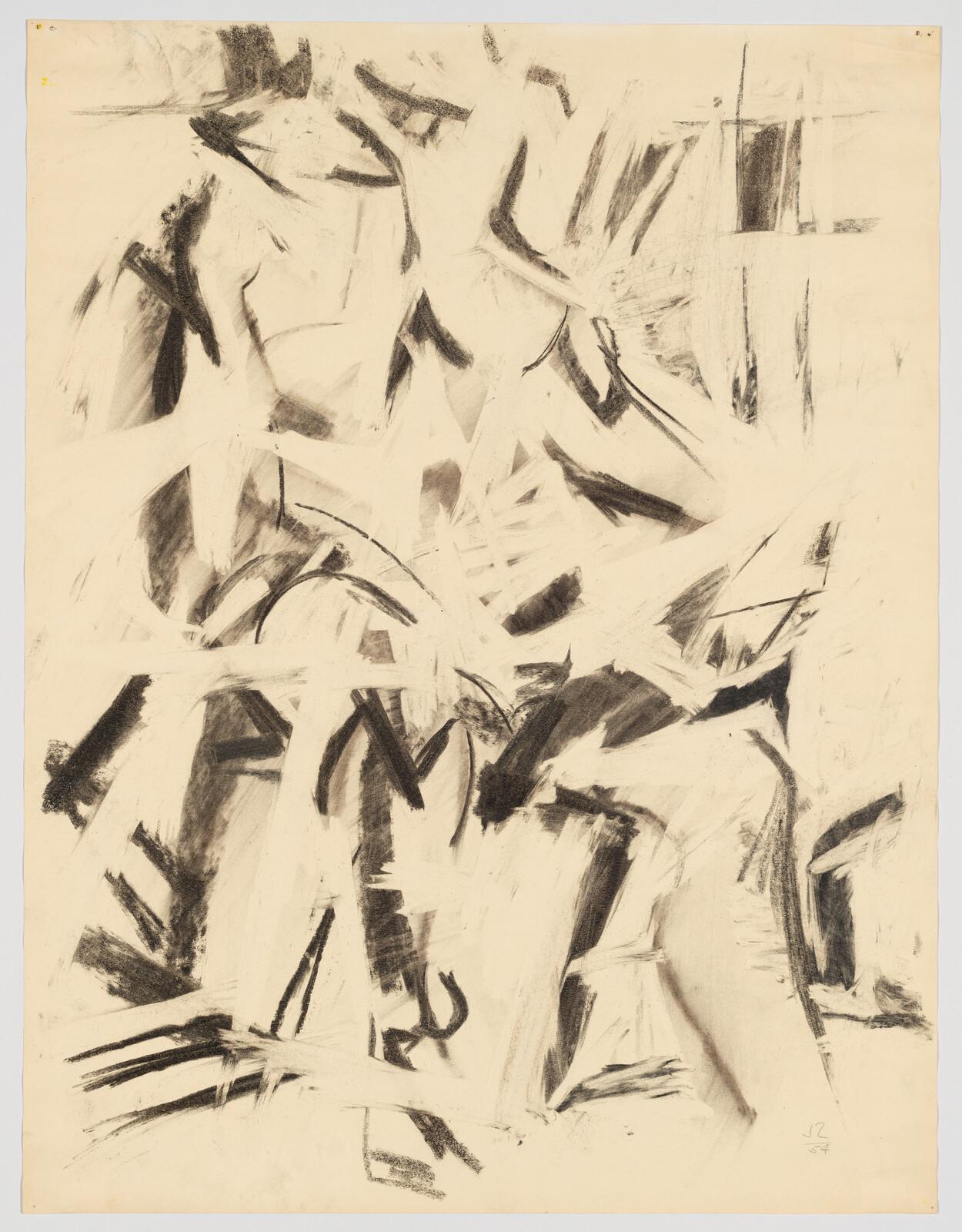 Chaotic black charcoal strokes and broad erasures create an abstract composition across cream paper.