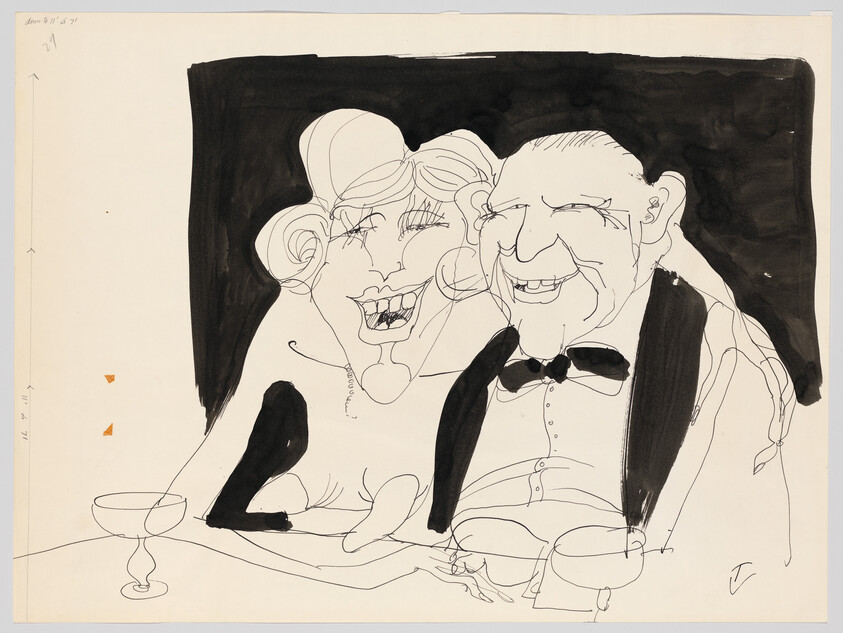 An ink caricature shows an older couple laughing together at a table with drinks.