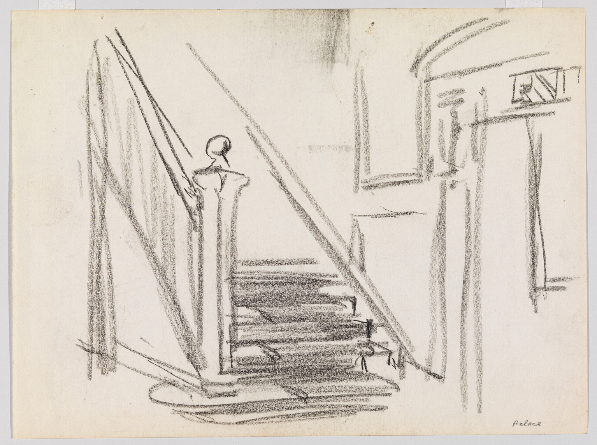 Sketch of a simplified interior scene with a staircase and railing, featuring a small figure standing at the top of the stairs and another at the bottom. The drawing is executed in loose, expressive lines with shading, suggesting a quick, impressionistic style. The artist's signature is visible in the lower right corner.