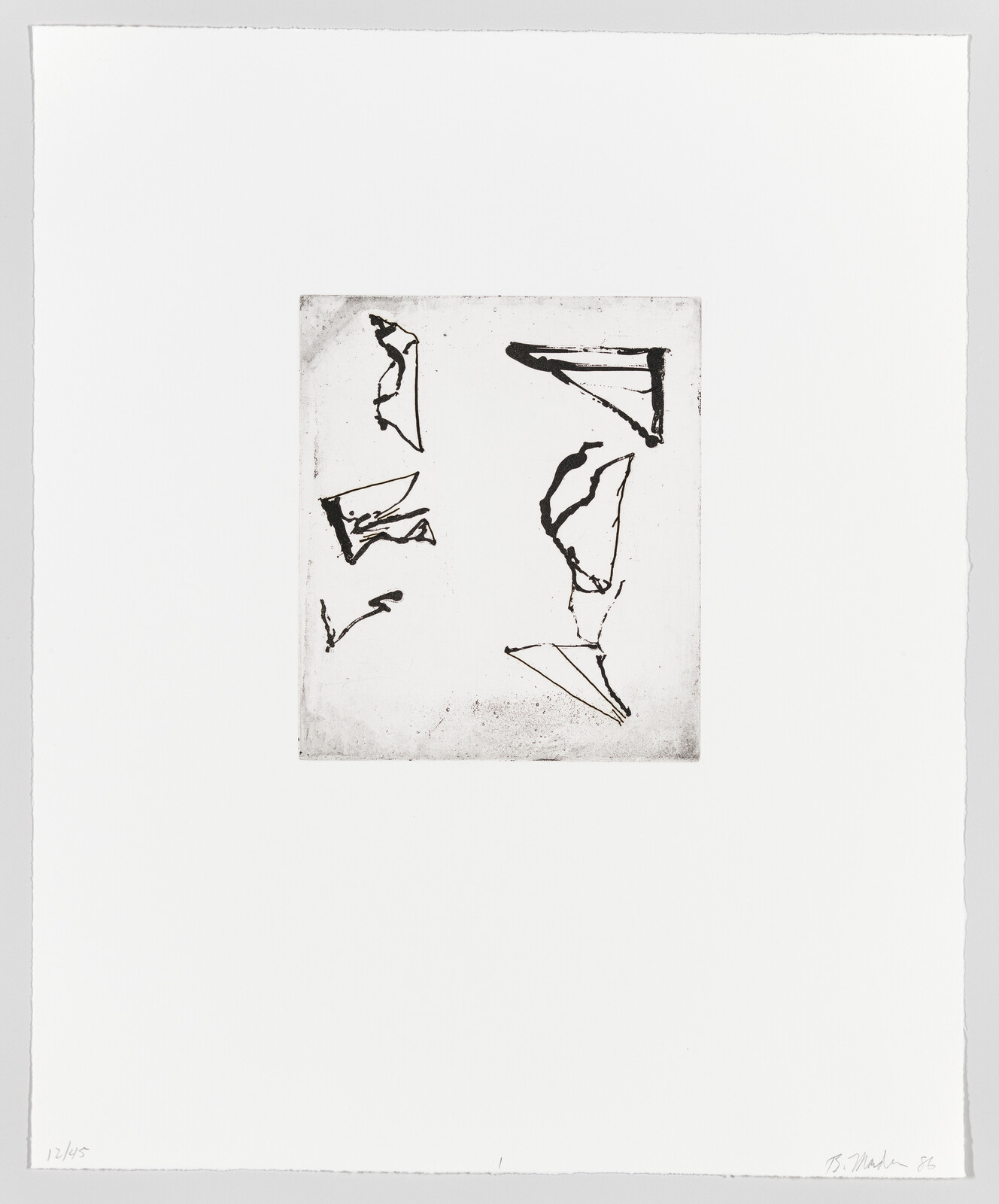 Black abstract ink sketches of folded paper shapes arranged inside a small centered square on white paper.