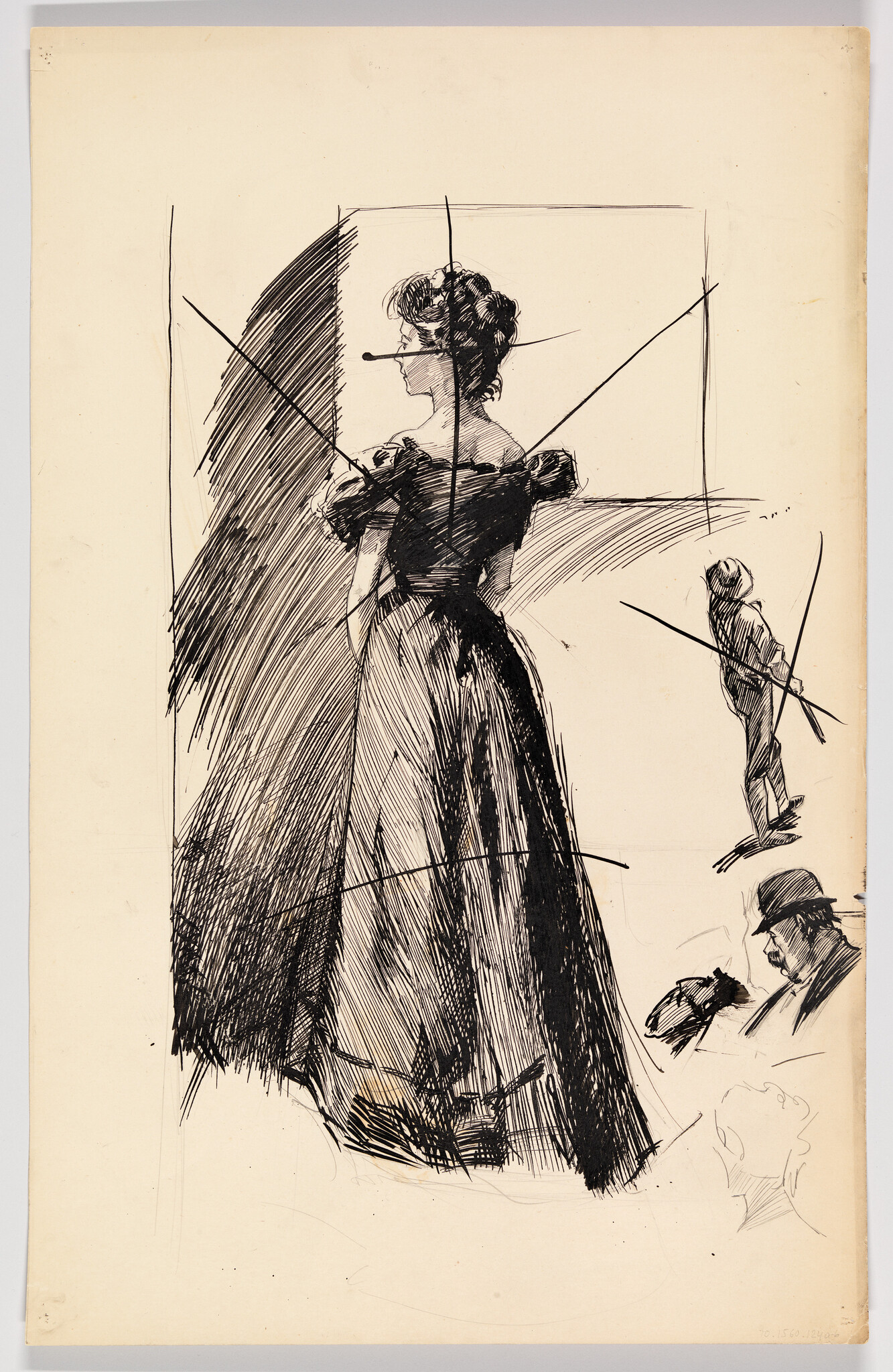 A pen sketch of a woman in a long dress standing in profile with loose guide lines.