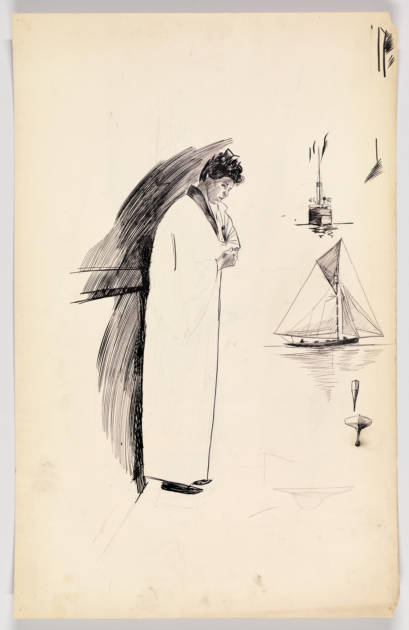 A woman in a long coat stands looking down beside small sketches of sailboats.