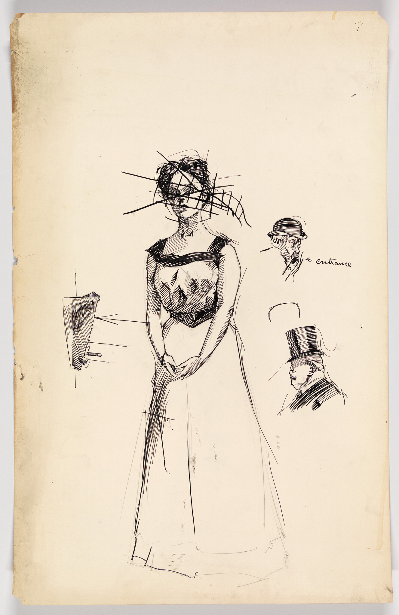 Young woman in a long dress stands with a hat obscuring her face and two small male sketches.