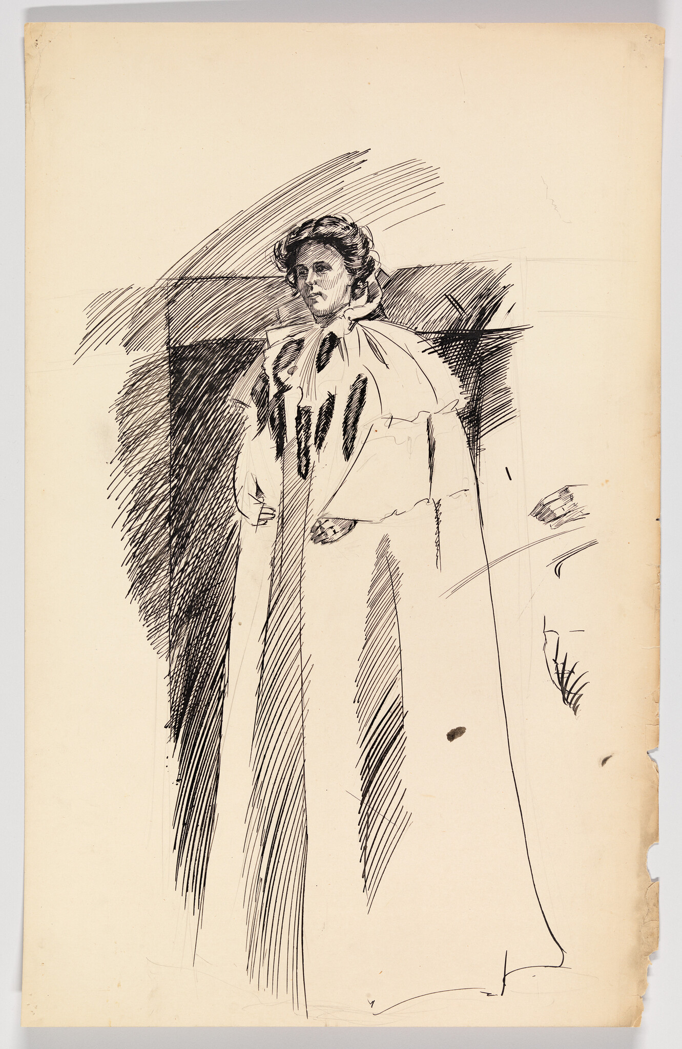 Woman stands in a long cloak with hands hidden, drawn in loose pen strokes.