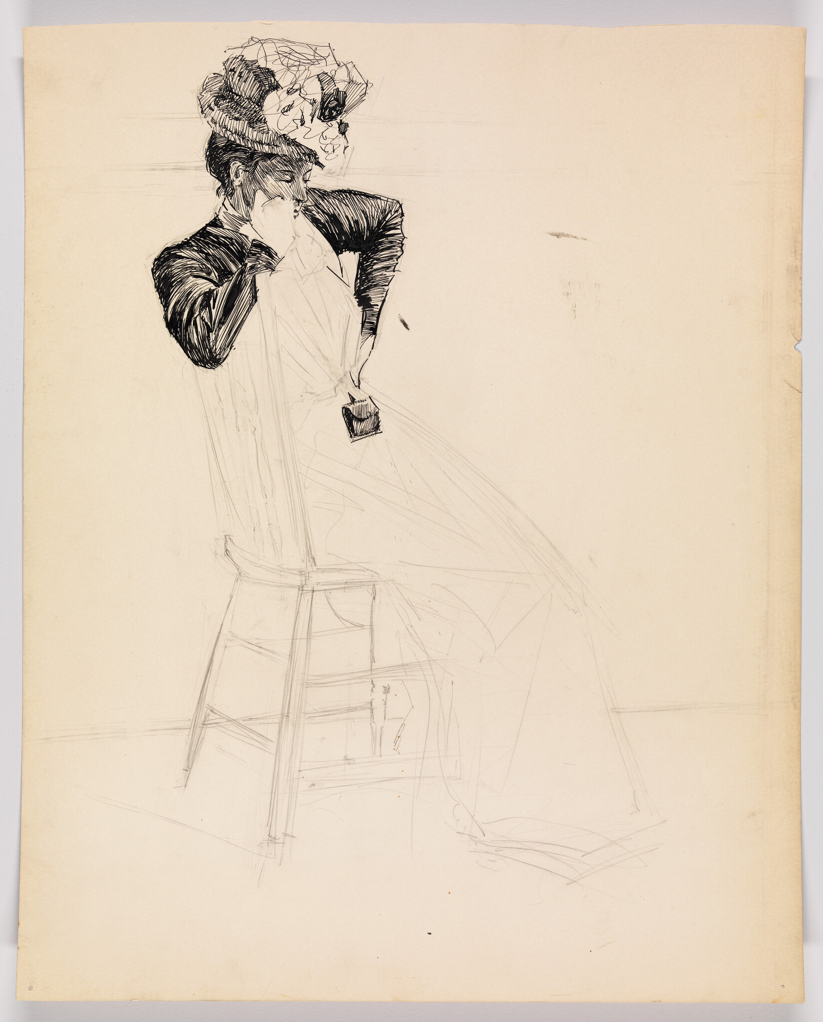 A woman in a large hat sits on a stool, resting her face on her hand.