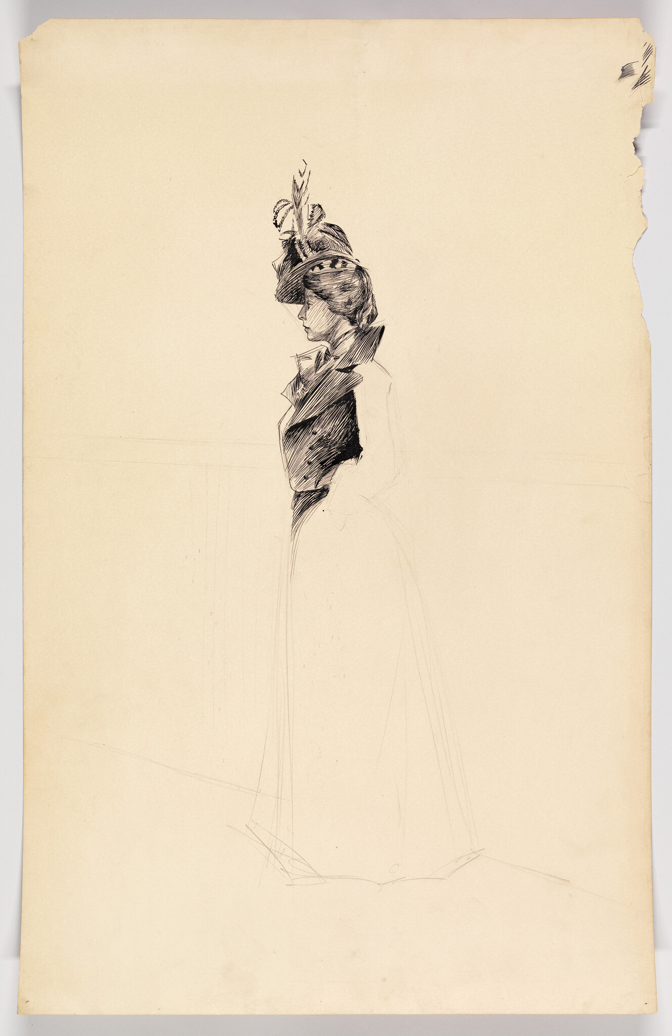 A pencil and ink sketch of a woman in profile wearing a feathered hat and long skirt.