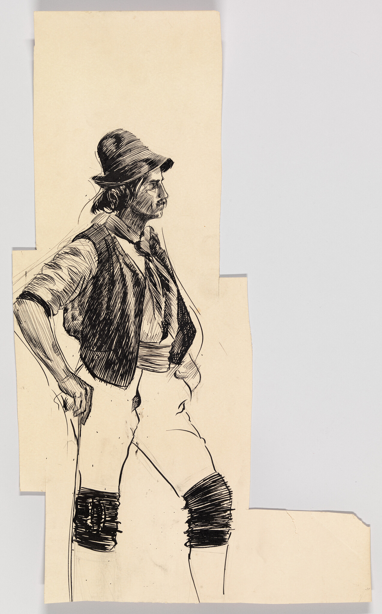 A standing man in a hat and vest leans on a cane, drawn in pen.