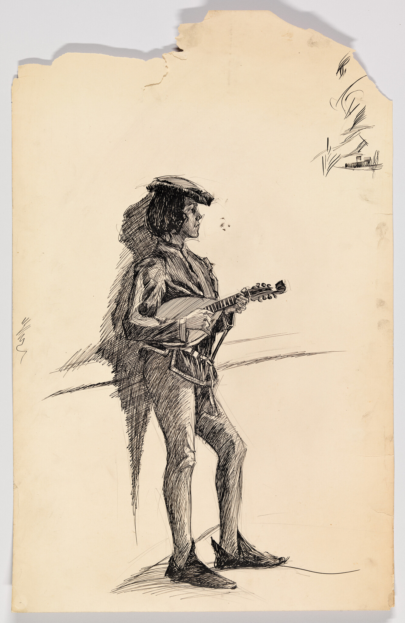 A standing musician wearing a hat plays a small stringed instrument while casting a dark shadow.