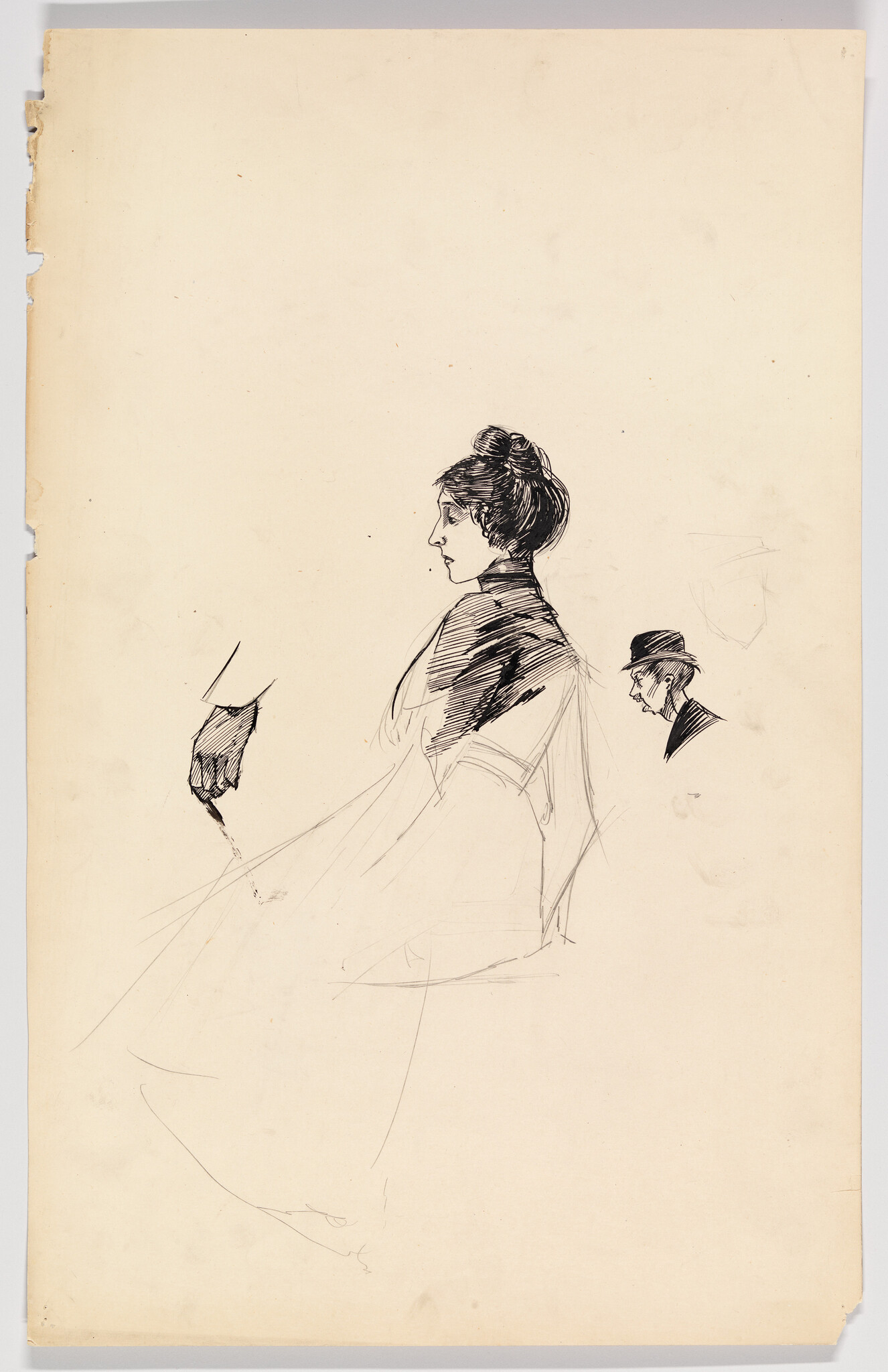Sketch on aged paper featuring a profile view of a woman with her hair up in a bun, holding what appears to be a fan, and a faint outline of a man in a hat behind her. The drawing is rendered in black ink with expressive lines and minimal detail, capturing the essence of the subjects with a few strokes.