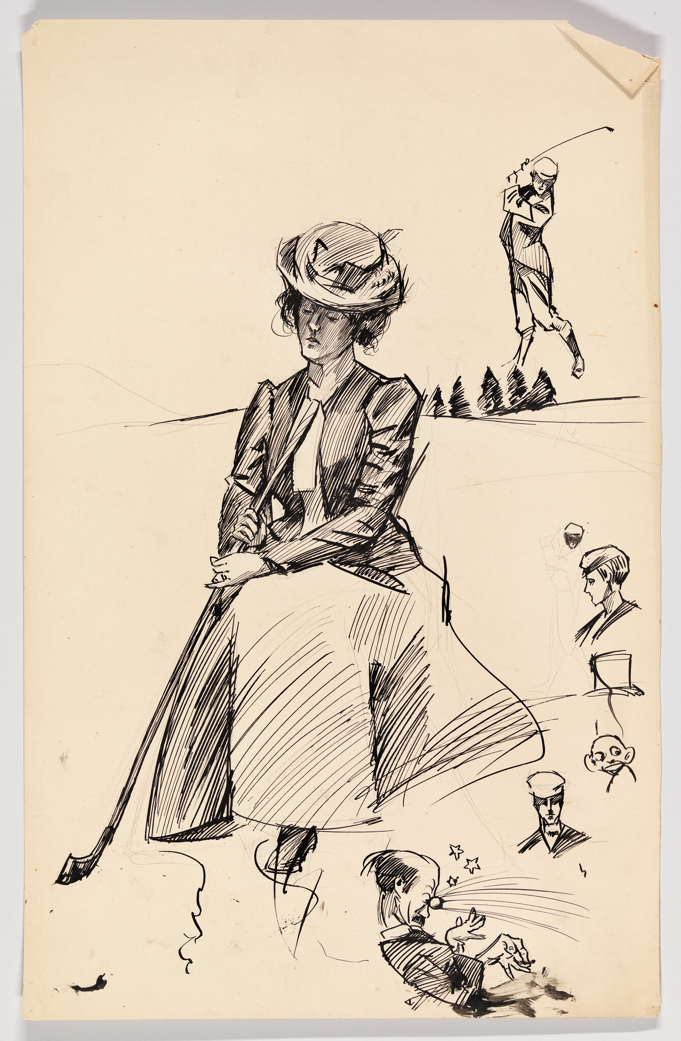 A seated woman in a hat holds a golf club while small golfer sketches surround her.