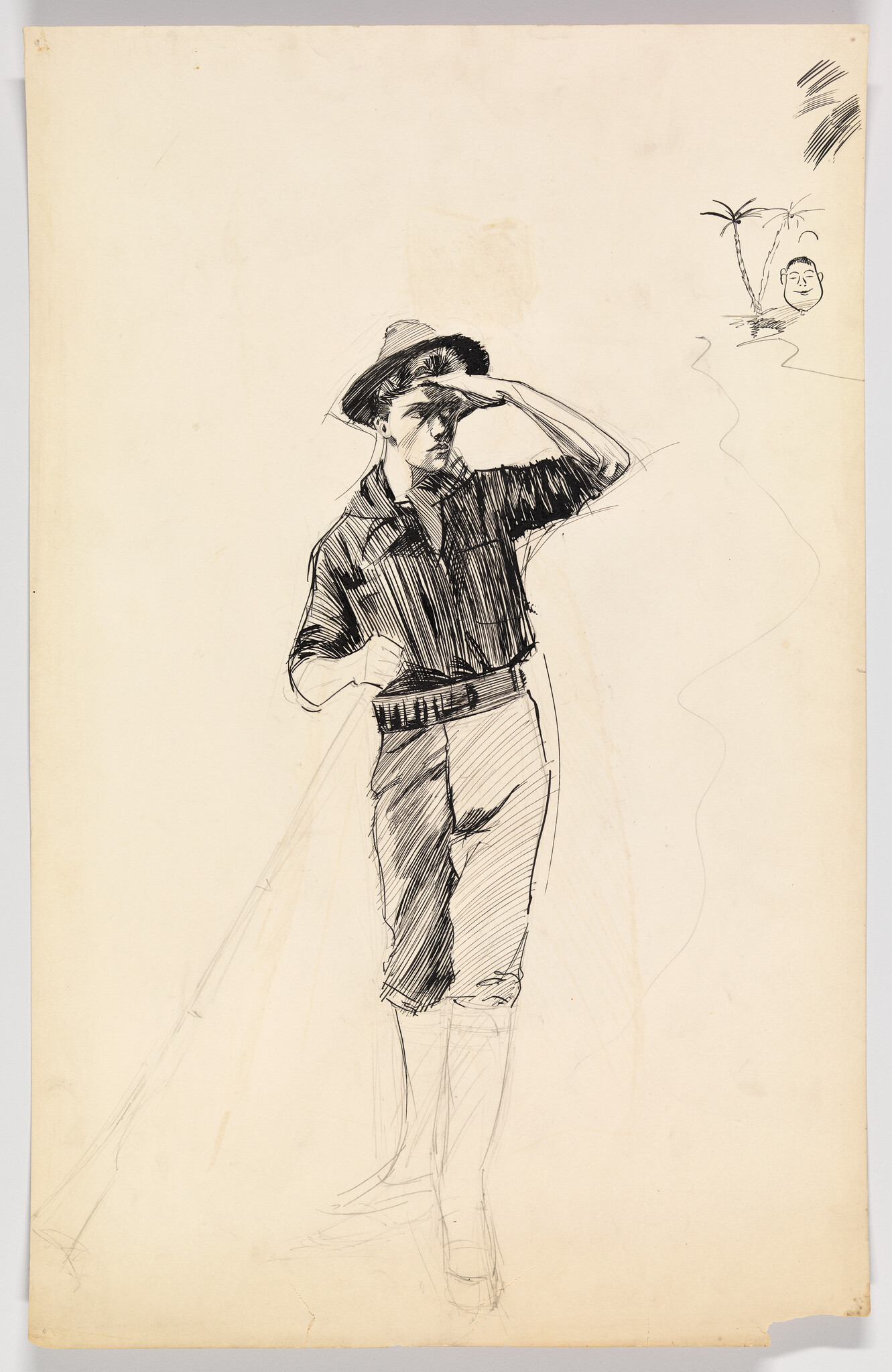 Young man in a hat shades his eyes with one hand while standing and looking into the distance.